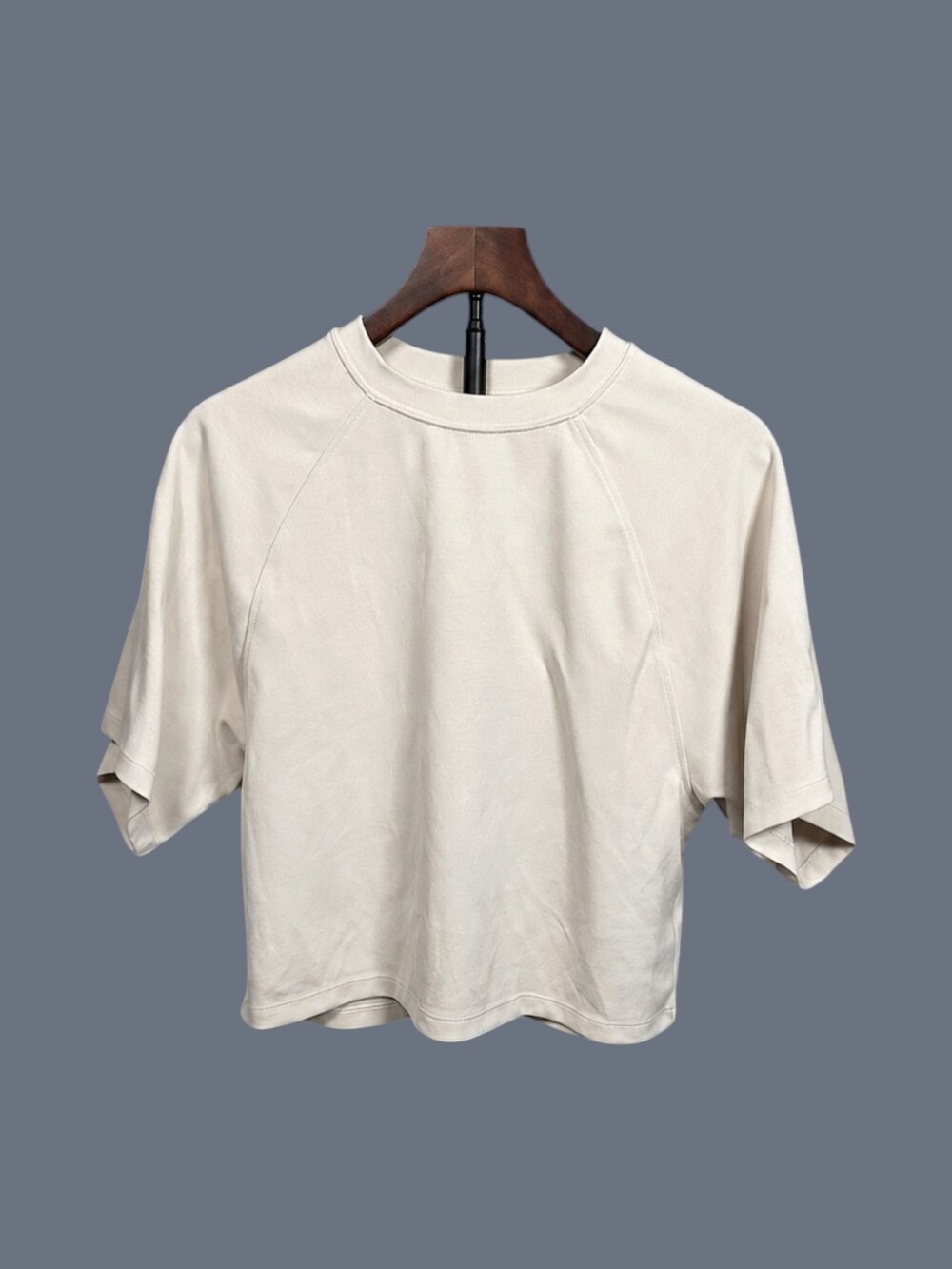 Medium Beige Raglan Sleeve Crewneck Sweatshirt Cotton Short Sleeve